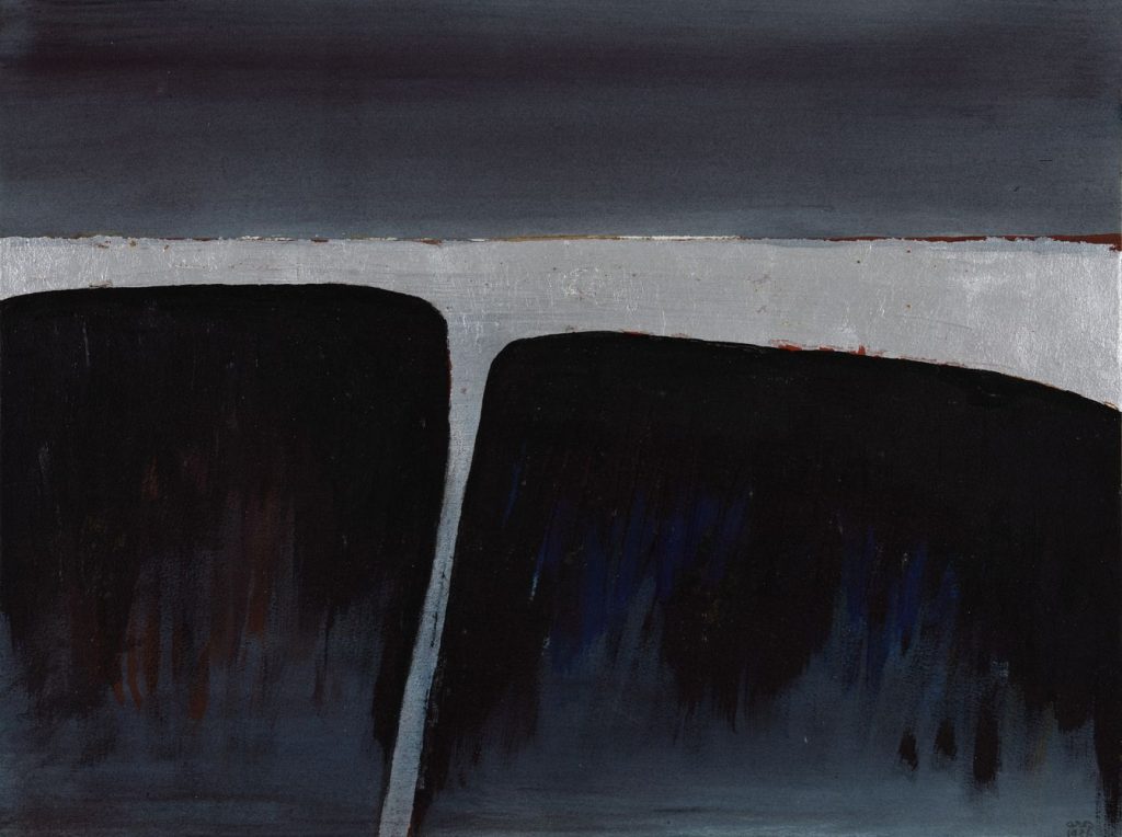 Anna-Eva Bergman, Sans Titre (Rocher), 1981, Signé et daté, Acrylique et feuille de métal sur papier marouflé sur toile, 45,6 x 65 cm - Courtesy Galerie Poggi