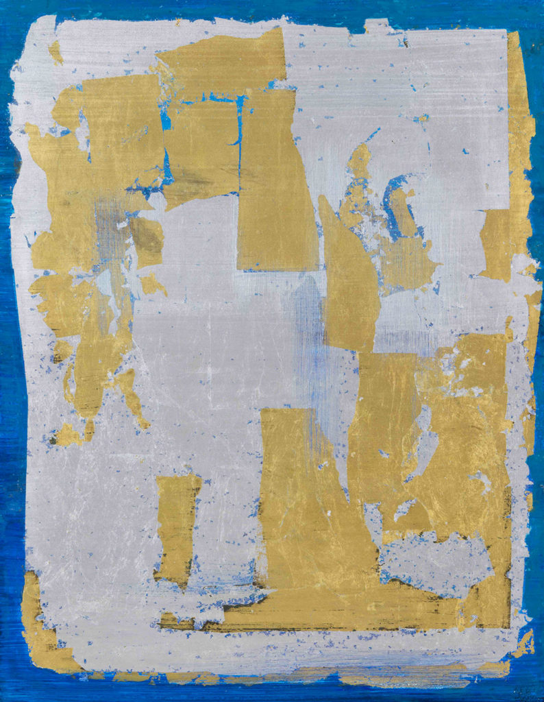 Anna-Eva Bergman, N°77-1961 Bleu avec argent et or (fantastique), 1961, Tempera and metal leaf on cardboard mounted on canvas 64 x 49,5 cm Courtesy Galerie Poggi, Paris / Hartung-Bergman Foundation, Antibes
