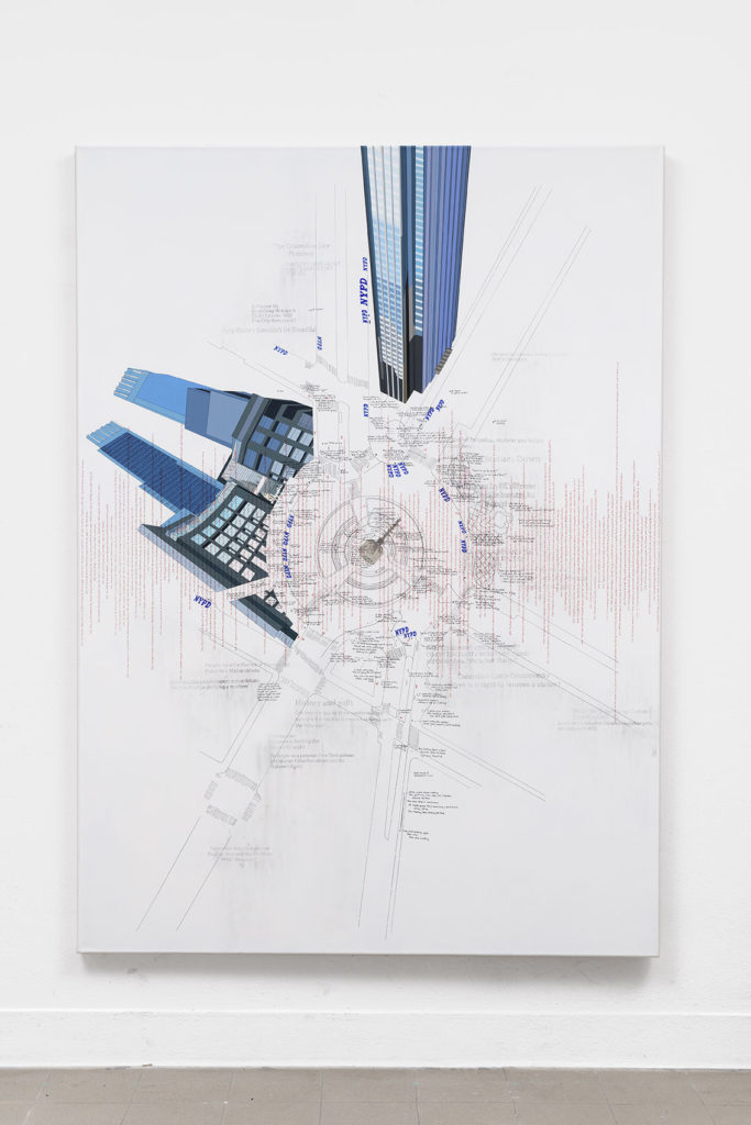 Larissa Fassler, Columbus Circle, NYC I, 2017 - 2018, Pen, pencil and acrylic paint on canvas, 180 x 130 cm
