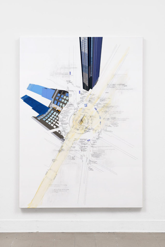 Larissa Fassler Columbus Circle, NYC II, 2017 - 2018, Pen, pencil and acrylic paint on canvas, 180 x 130 cm