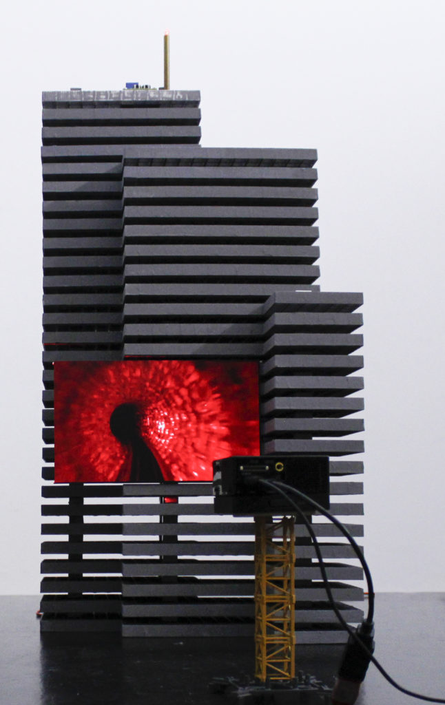 Bertrand Lamarche, The Tower, 2019, Mixed materials, video projector, sound, 45 x 45 x 70 cm