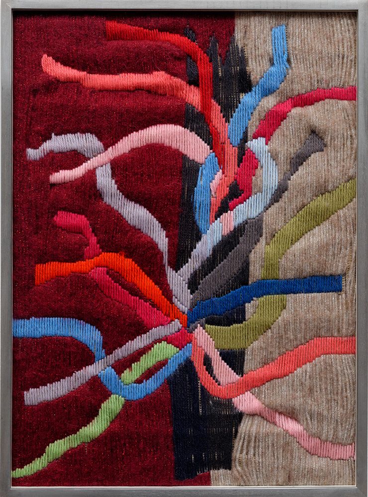 Georges Tony Stoll Identification Absurde 51, 2017, Wool, canvas, glass, silver painted wood, 48 x 35 cm