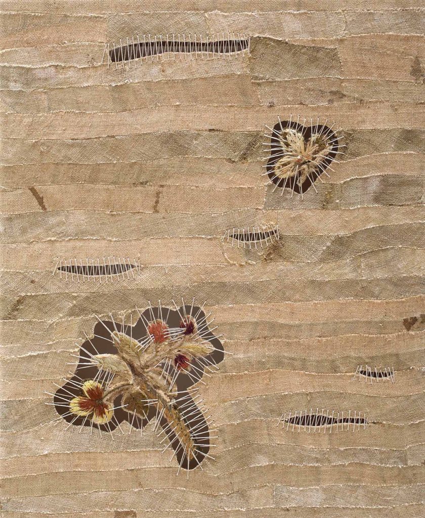 Sidival Fila, ST FIORE ANTICO 02, 2019, Antique hand-sewn flower and restored linen, cut, glued and sewn, on loom, 28 x 23 cm, SOLD