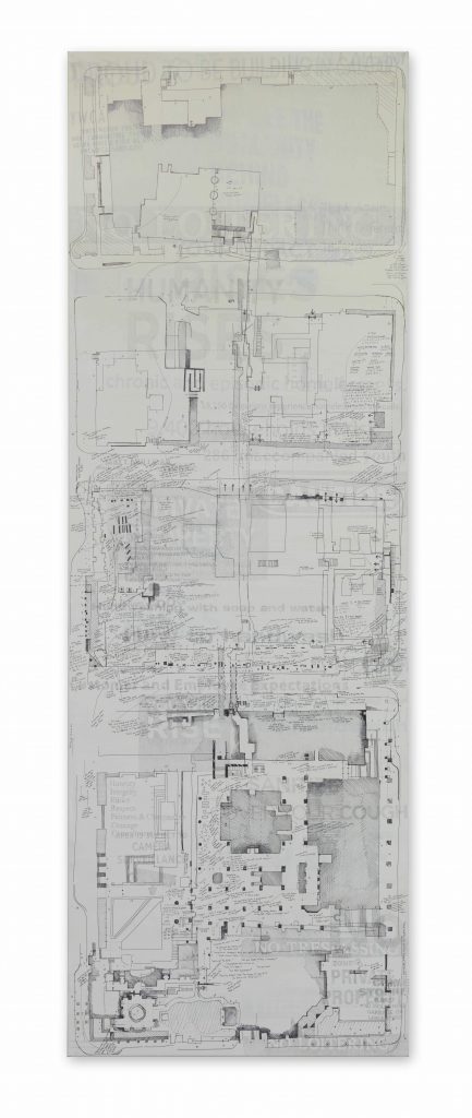 Larissa Fassler, CIVIC. CENTRE. I, 2016, Pen, pencil and acrylic paint on canvas, 220 x 75 cm