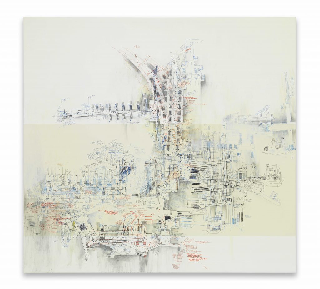 Larissa Fassler, Gare du Nord II, 2015, Ink, pencil and paint on canvas, 170 x 180 cm