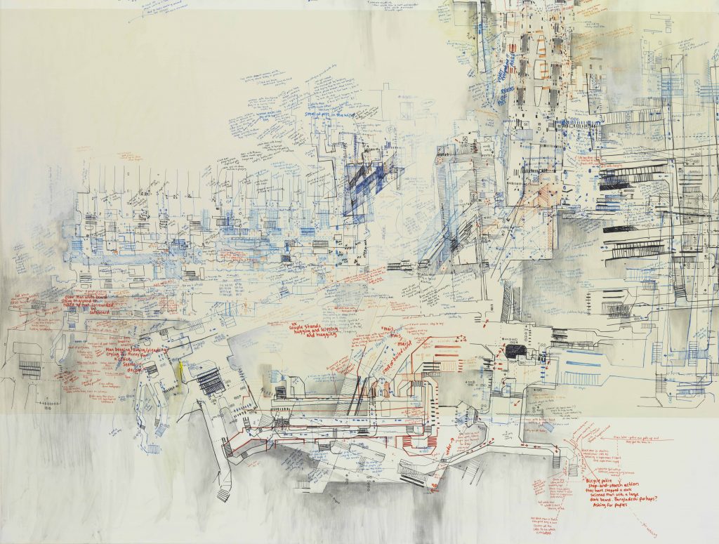 Larissa Fassler, Gare du Nord II, detail, 2015, Ink, pencil and paint on canvas, 170 x 180 cm, SOLD