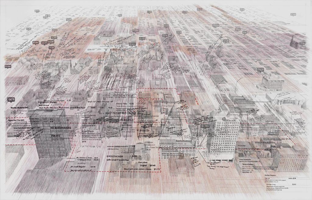 Larissa Fassler, Manchester, NH, USA II, 2019-2020, Pen, pencil and wax crayon on paper, 150 x 360 cm