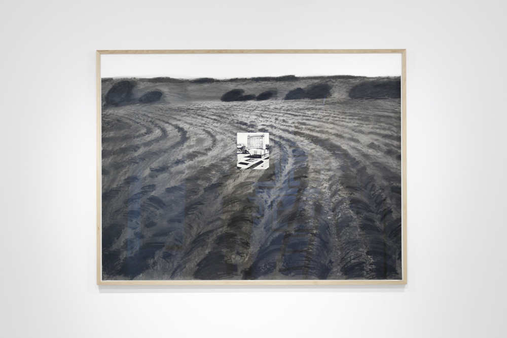 Nikita Kadan, National Landscape (House of Services), 2018, Charcoal and photograph on framed paper, 150 x 200 cm