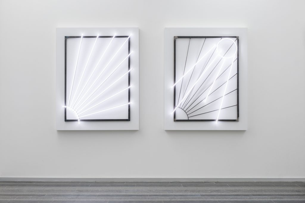 Nikita Kadan, Sun and Satellite, 2021, Paint, Metal, Neon, 140 x 113 x 15 cm, Edition of 3
