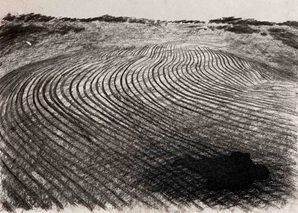 Nikita Kadan, The Shadow on the Ground XV, 2022, Charcoal on paper, 29,7 x 42 cm