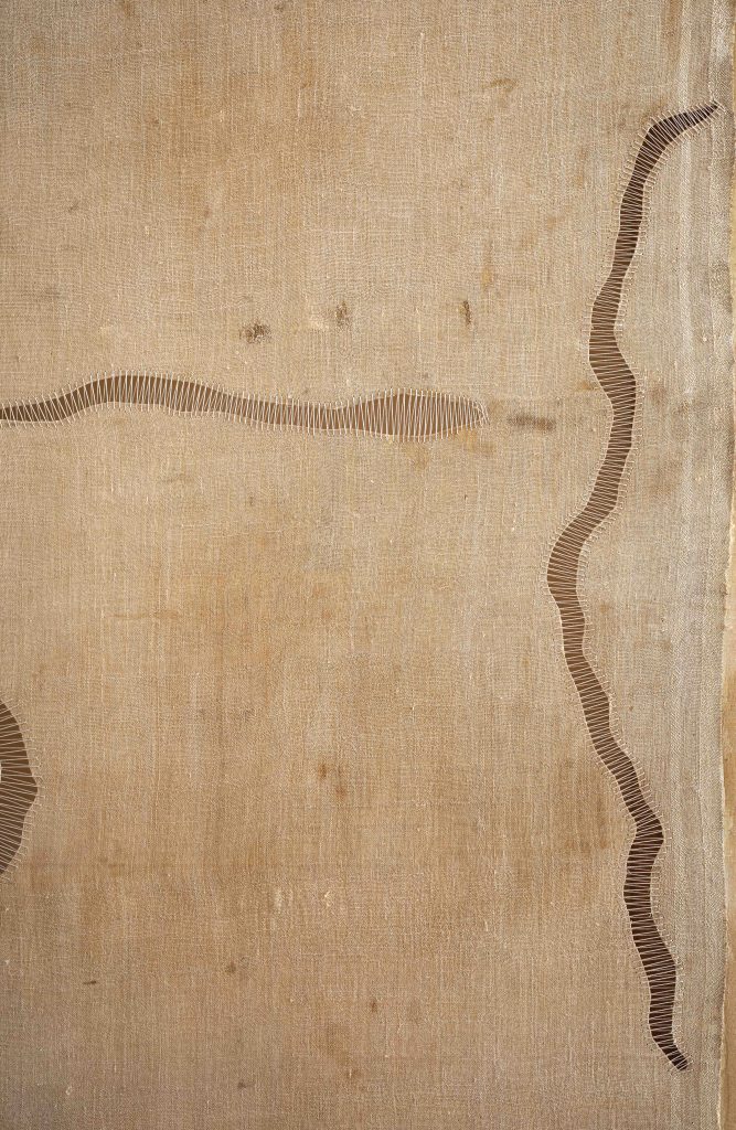 Sidival Fila, SENZA TITOLO 0202, 2020, 19th century fabric, lined and sewn, on loom, 89 × 46 cm
