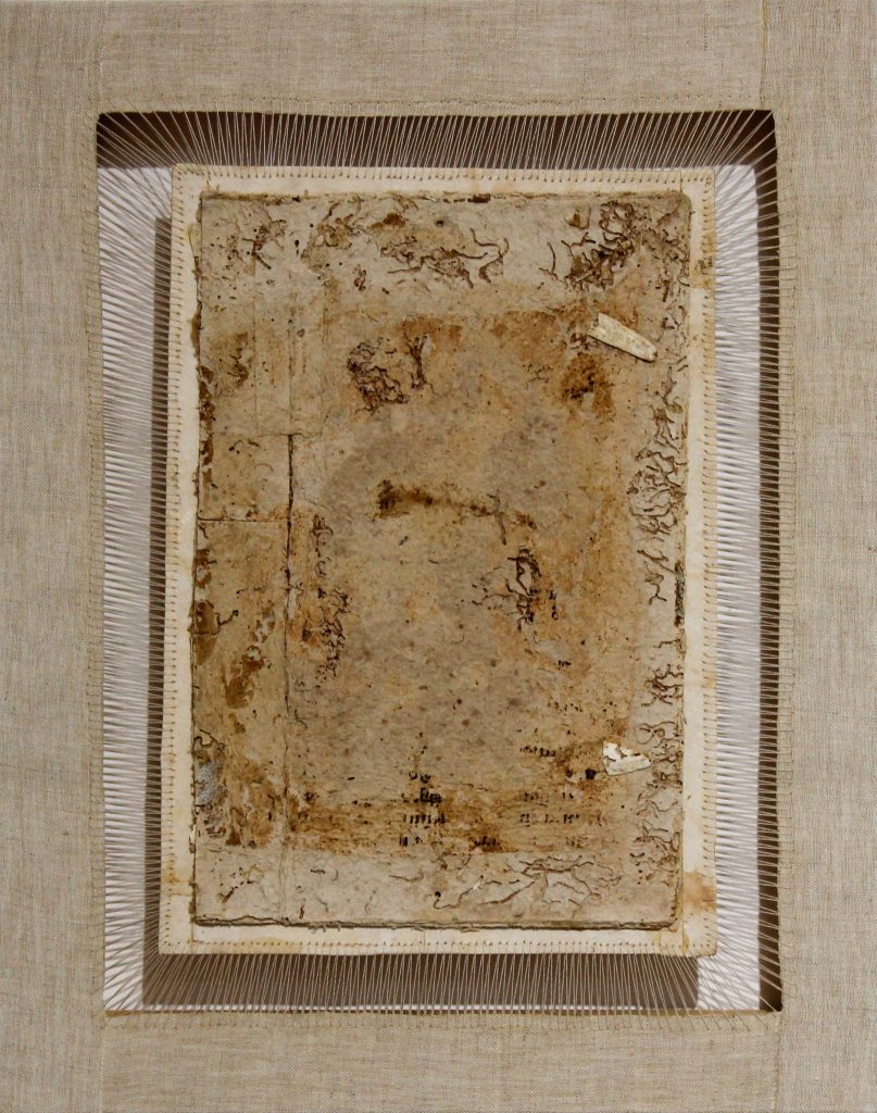 Sidival Fila, Senza Titolo 07, 2018, Antique silk and cover of an 18th century book, sewn and mounted on frame, 49 x 38,5 x 4 cm