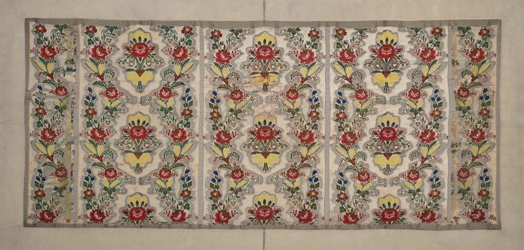 Sidival Fila, Senza Titolo, 2019, 18 century Jacquard fabric cut and sewn, hung on a loom, 130 × 258 cm