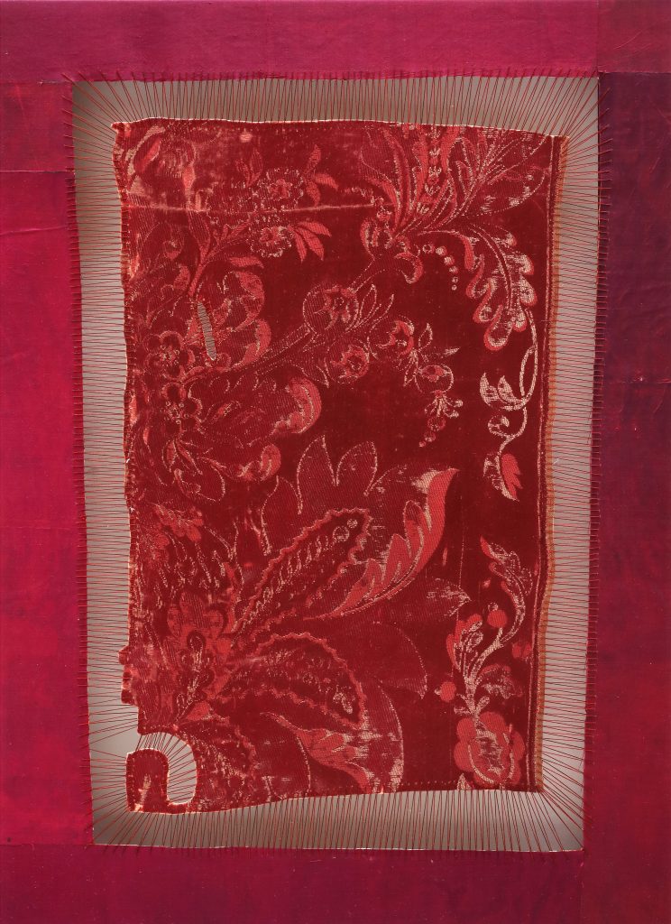Sidival Fila, Senza Titolo Damasco Rosso 20, 2019, 18th century silk damask, stretched and sewn, mounted on frame, 57,5 x 42 cm