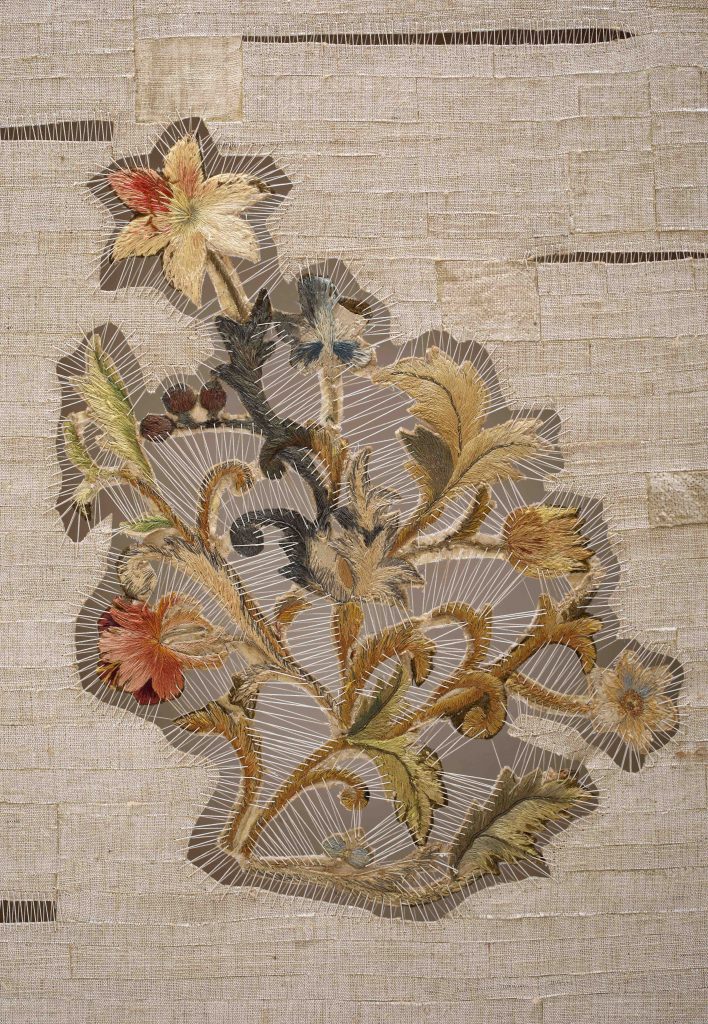 Sidival Fila, Senza Titolo Fiore Antico 06, detail, 2019, 18th century linen fabric with embroidered flowers and silk, 100 x 61 cm, SOLD