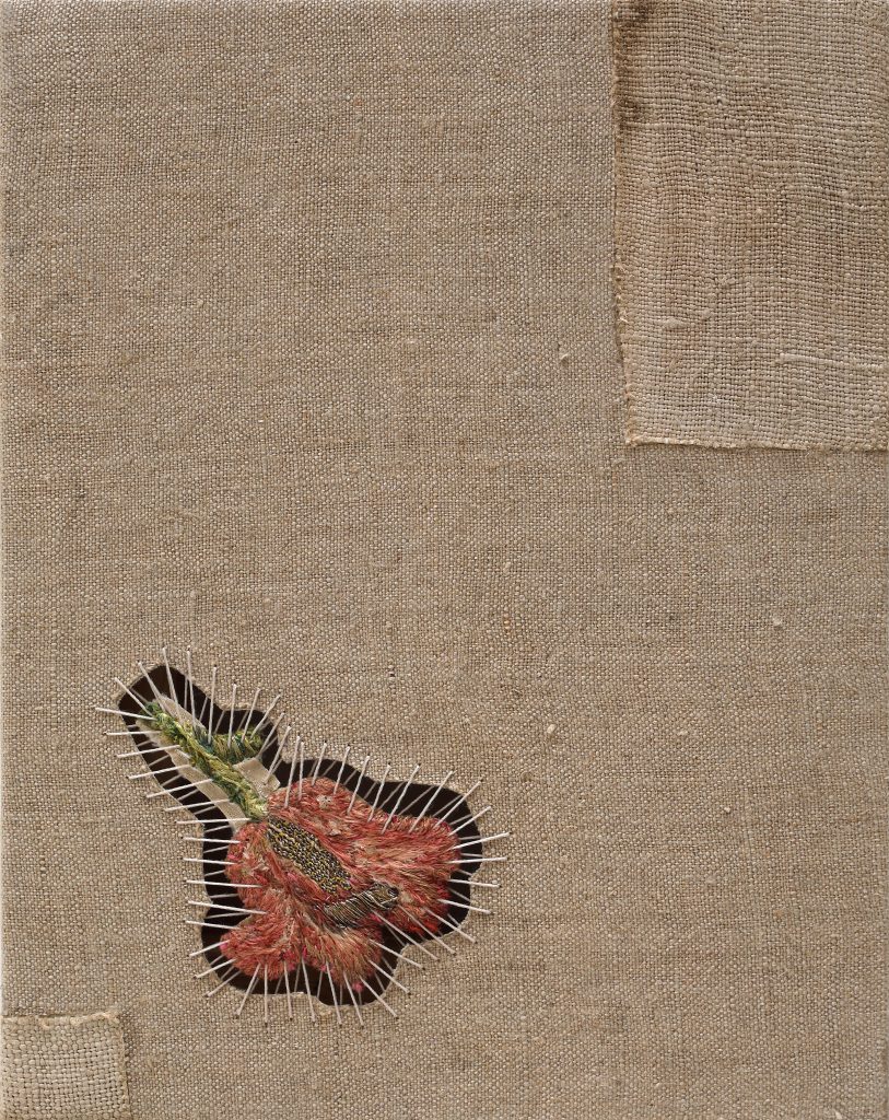 Sidival Fila, Senza Titolo Fiore Antico 12, 2021, Antique hand-sewn flower, restored hemp and linen, cut, glued and sewn, on frame, 15 × 19 cm, SOLD