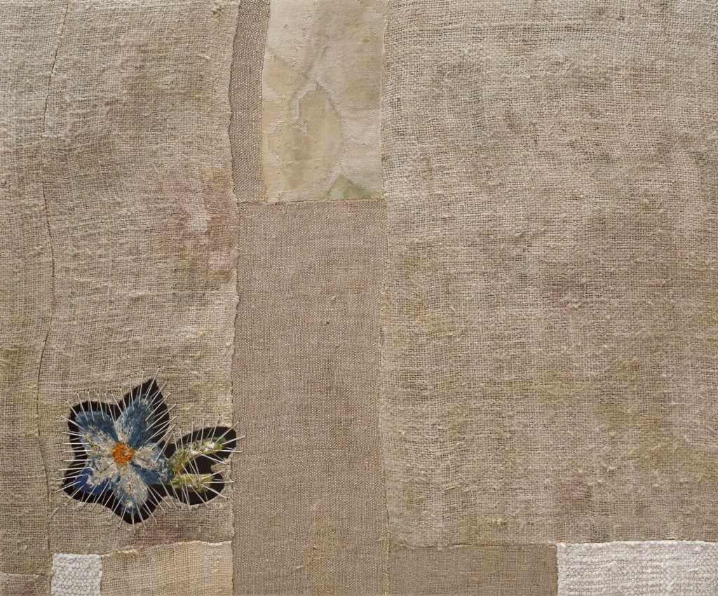 Sidival Fila, Senza Titolo Fiore Antico 14, 2021, Antique hand-sewn flower, restored hemp and linen, cut, glued and sewn, on frame, 24 × 29 cm