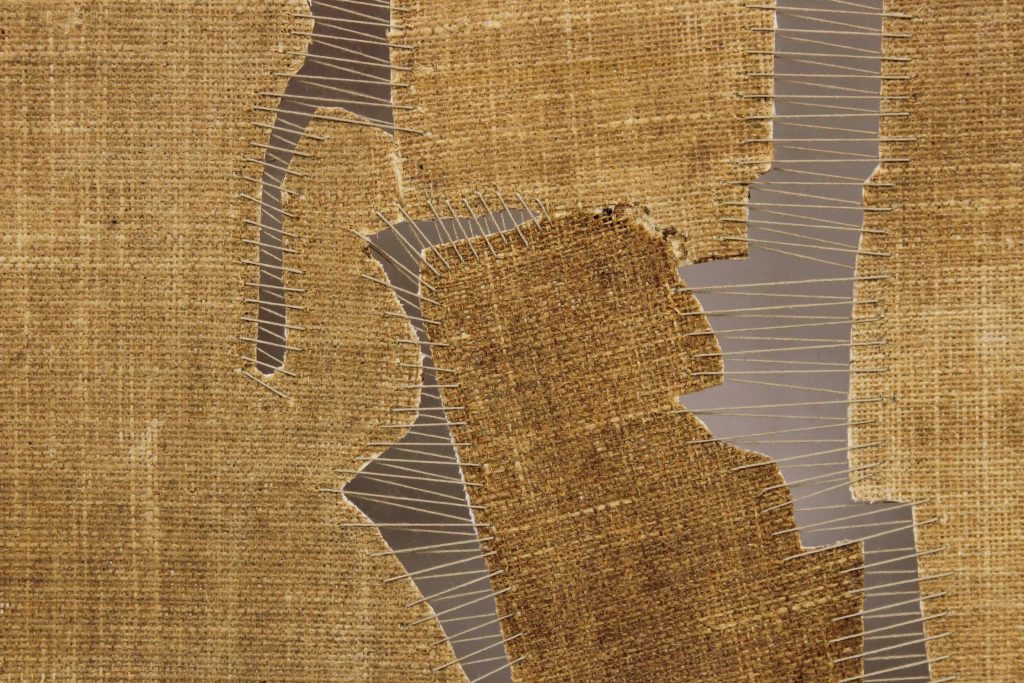 Sidival Fila, Senza Titolo (serie marrone 1), detail, 2020, Antique lining cut out, sewn and glued on canvas, on loom, 144 × 89 cm, SOLD