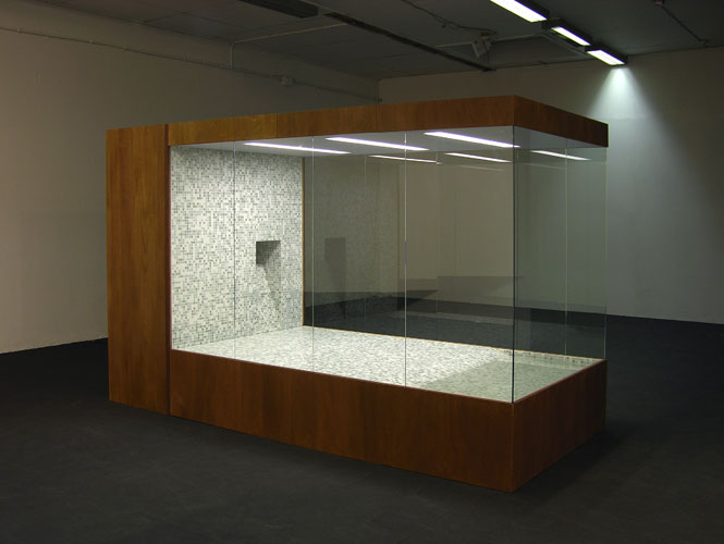 Wesley Meuris, Cage for Galago Crassicaudata, 2005, Wood, tiles, glass, water, ventilation system, neon lights, 220 x 180 x 350 cm