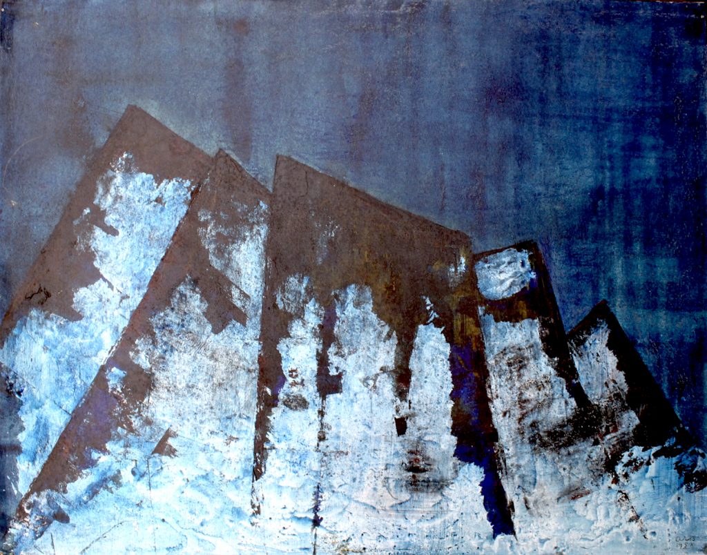 Anna-Eva Bergman, N°65-1958 Petite montagne d'argent (horizontale), 1958, Tempera and metal leaf on paper mounted on cardboard, 50 x 64 cm