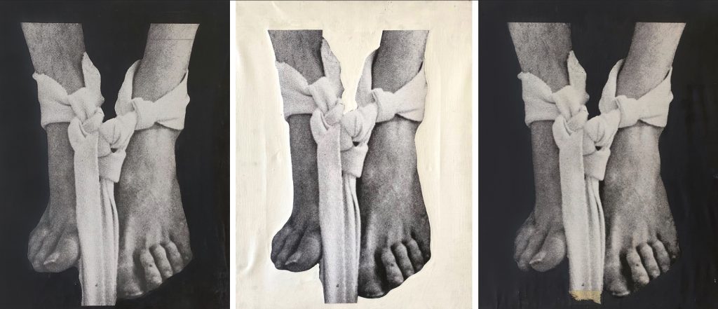 Dario Villalba, Pies degradacion en color, 1974, Mixed media on photolinen canvas (triptych)