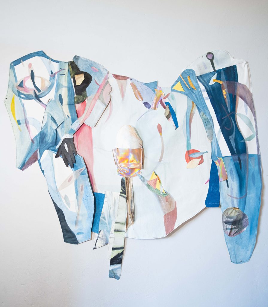 Mathilde Denize, Sweet Legend , 2022, Oil and watercolor on canvas, vinyl, leather, shell, 142 x 144 cm