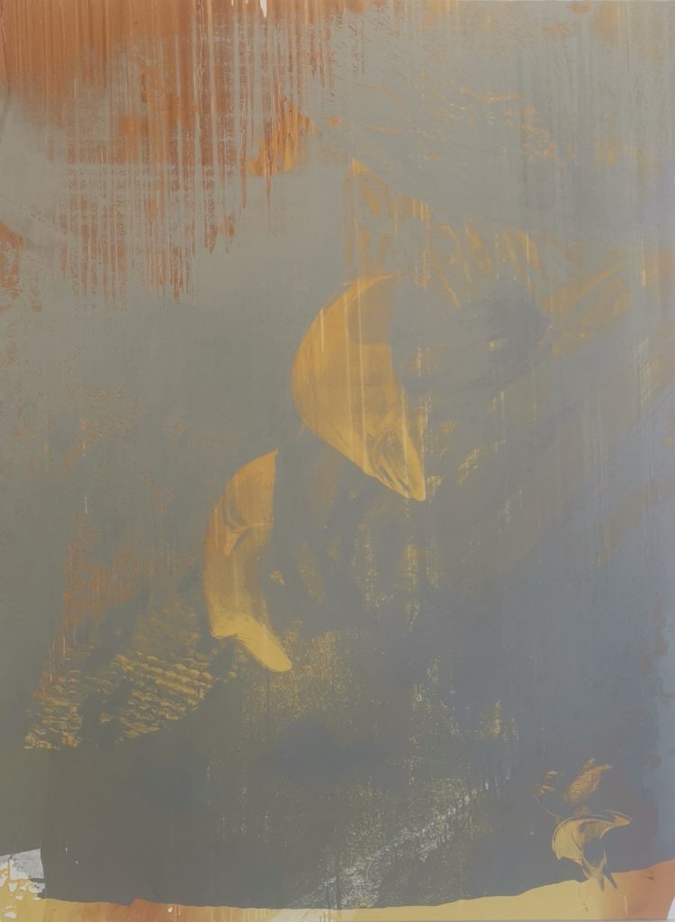 Ittah Yoda, Amandine, 2022, Oil on canvas, lithographic passage, pigments handmade by the artists, 162 x 126 x 2.5 cm