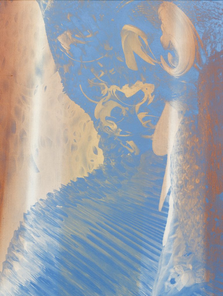 Ittah Yoda, Aurélien, 2022, Oil on canvas, lithographic passage, pigments handmade by the artists, 120 x 80 x 2.5 cm