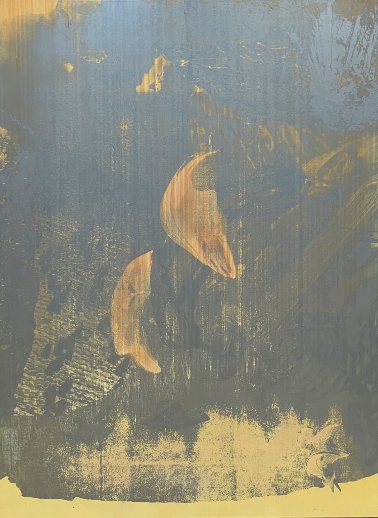 Ittah Yoda, Zoe, 2022, Oil on canvas, lithographic print, spray paint, handmade pigment by the artist, 157 x 116.5 x 2.5 cm, Enquire