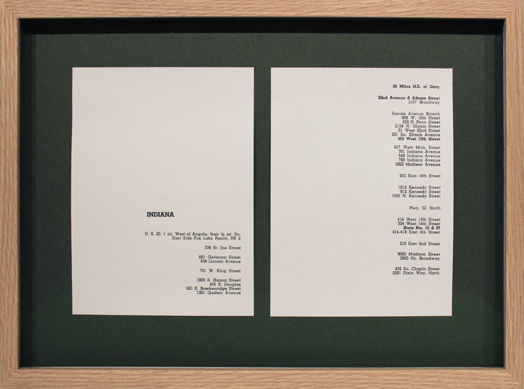 Kapwani Kiwanga, Greenbook, Indiana (1961), 2019, Pigment print on paper, oak frame, anti-reflective glass, 26.5 x 35 x 3 cm (framed), Edition of 5 plus 2 artist's proofs