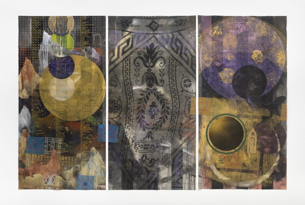 Paul Mignard, KhounanKaraArzylangKara II ( série Une Epopée Touva ), 2020, Pigments and glitter on free canvas, 200 x 303 cm