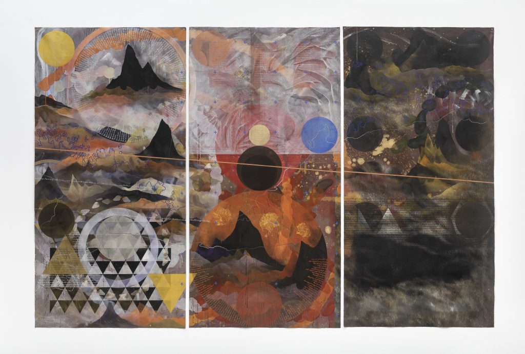 Paul Mignard, KhounanKaraArzylangKara III ( série Une Epopée Touva ), 2020, Pigments on loose canvas, 200 x 303 cm