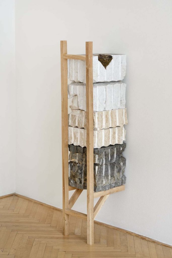 Štefan Papčo, Where I Have Been Not. He Thought of Conectness, 2021, Limestone, plasticine, stone salt, marble, bird nest -in dialogue with time, deers, birds, gravity and unknown, 150 x 34 x 37 cm, unique
