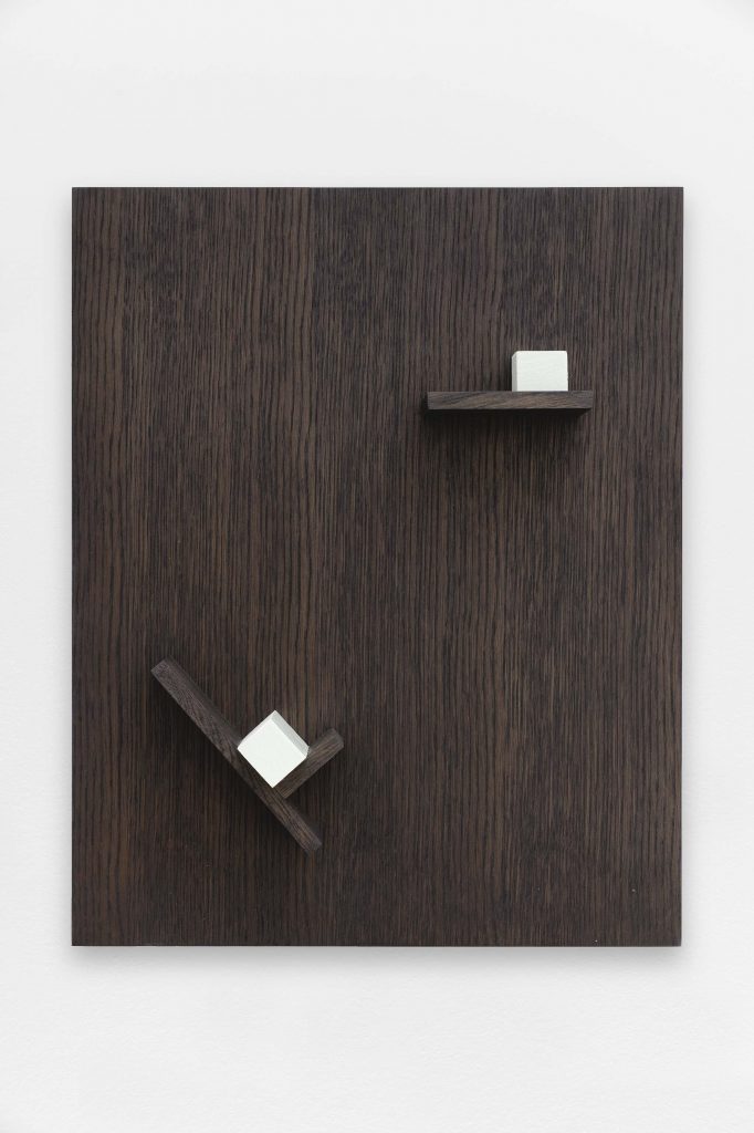 Wesley Meuris, Replacing (black oak, 2 shelves, 2 cubes), 2020, Oak and polystyrene, 56 x 50 cm