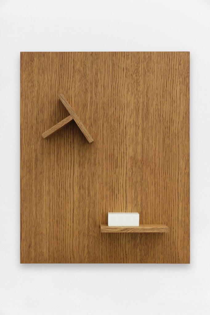 Wesley Meuris, Replacing (red oak, 2 shelves, 1 cube), 2020, Oak and polystyrene, 56 x 50 cm