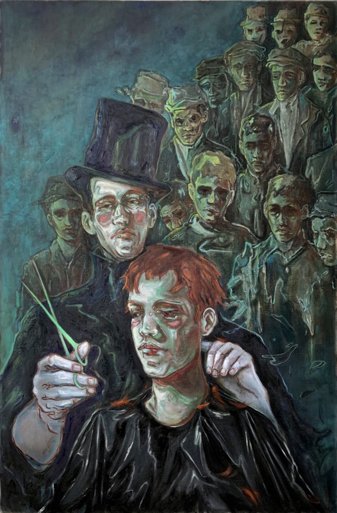 Anthony Goicolea, Death the, Barber, and the Plague, 2021, Oil on Raw Linen Canvas, 60 x 40 inches, SOLD