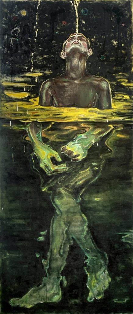 Anthony Goicolea, Fountain, 2021, Oil on raw linen canvas, 198 x 86 cm
