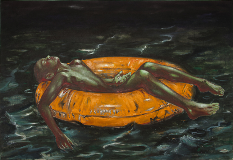 Anthony Goicolea, Inflatable Pieta, 2020, Oil on raw linen canvas, 36 x 52 inches