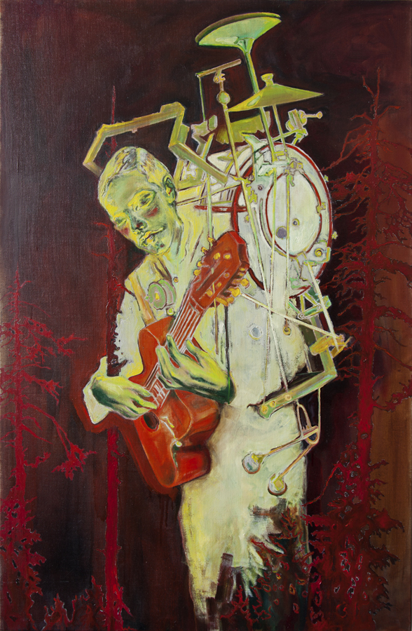 Anthony Goicolea, Multitasker, 2020, Oil on raw linen canvas, 24 x 36 inches, Not for sale