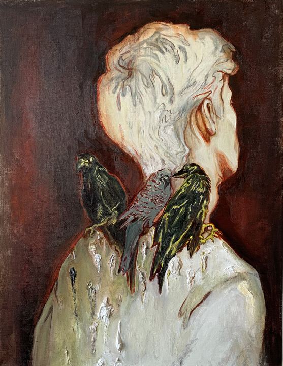 Anthony Goicolea, Perched for Success (Self-Portrait with Bird Shit), 2020, Oil on Raw Linen Canvas, 24 x 18 inches
