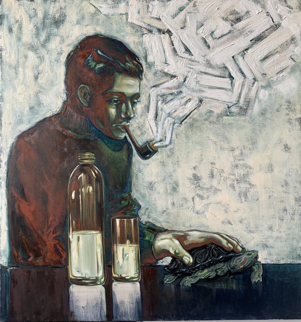 Anthony Goicolea, Portrait with Milk Tobacco and Tortoise, 2021, Oil on raw linen canvas, 96.5 x 86.4 cm