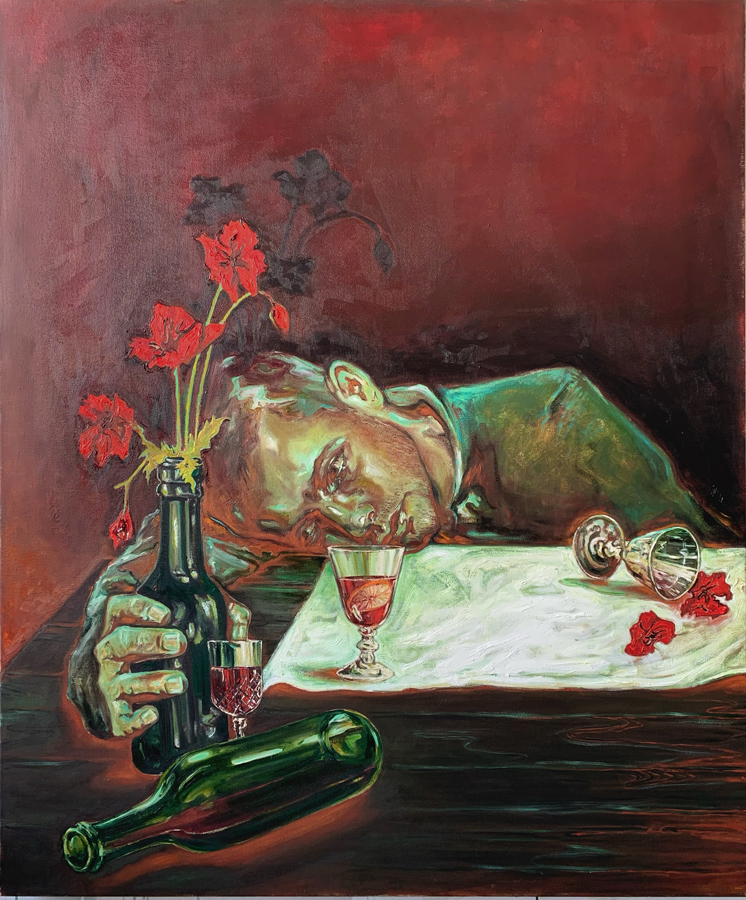 Anthony Goicolea, Portrait with poppies and port, 2020, Oil on Raw Linen Canvas, 48 x 40 inches
