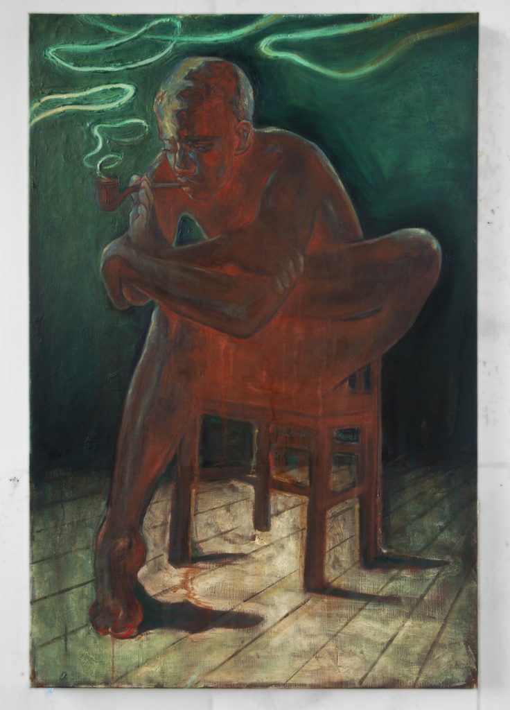 Anthony Goicolea, Rusted Man with Smoke Rings and Rusted Pipe, 2021, Oil on raw linen canvas, 91 x 60 cm