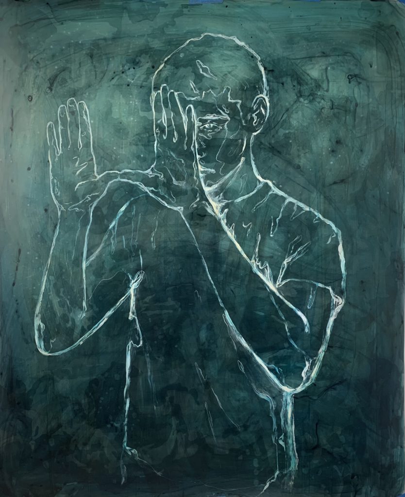 Anthony Goicolea, The Director, 2022, Acrylic, graphite, chalk and oil paint on frosted Mylar film, 86.4 x 71.1 cm