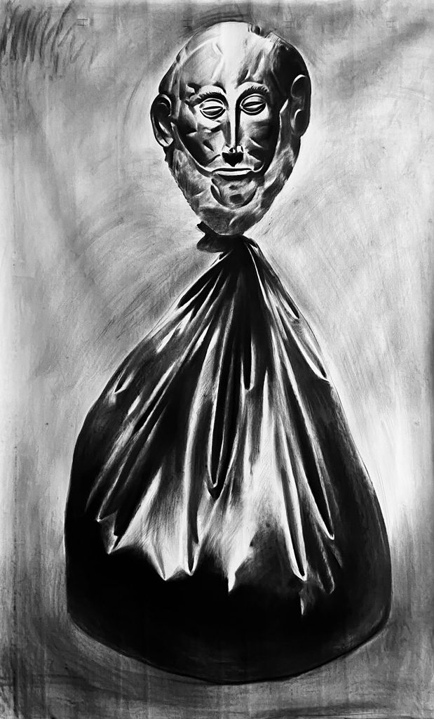 Nikita Kadan, Agamemnon in a trash bag, 2022, Paint and oil pastel on canvas, 200 x 120 cm