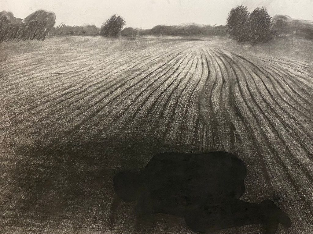 Nikita Kadan, The Shadow on the Ground I, 2022, Charcoal on paper, 61 x 85 cm