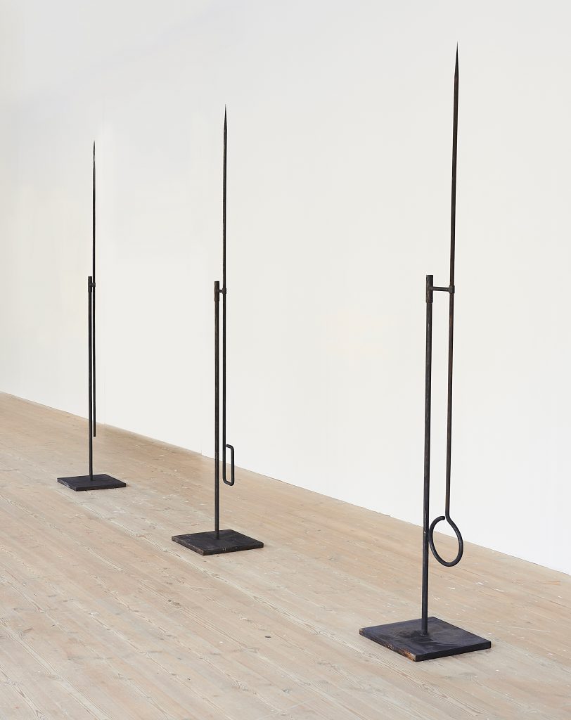 Nikita Kadan, Tiger Leaps (3 iron spears), 2021, Iron spears on base, 230 x 35 x 35 cm, 20 kilos each
