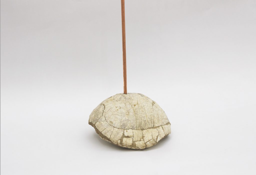 Evariste Richer, En attendant la foudre, 2019, Evariste Richer, En attendant la foudre, 2019, Fossilized turtle, copper bar, 313 x 32 x 28 cm