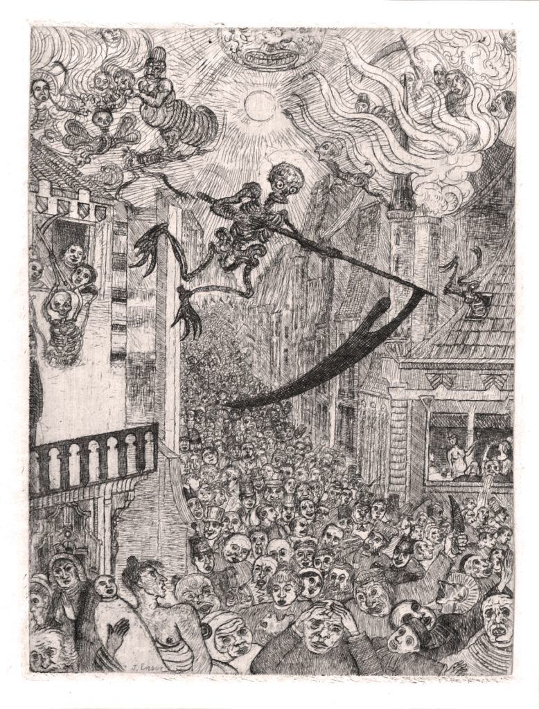 James Ensor, La Mort poursuivant le troupeau des humains (Death Chasing the Flock of Mortals), 1896, Etching and drypoint, 23.5 x 17.5 cm, Courtesy Luc Bellier