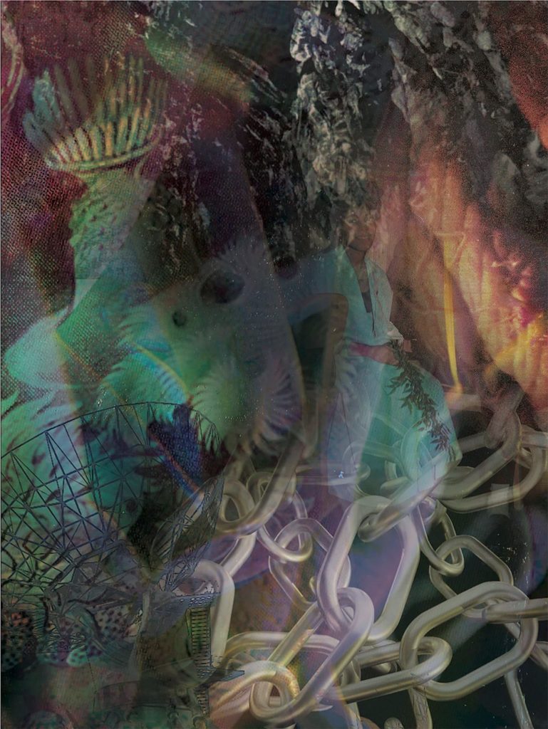 Josèfa Ntjamn, Through the Cave, 2021, Photomontage printed by sublimation on aluminium, 100 x 70 cm